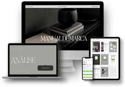 Modelos de Manual de Marca, Análise de Métricas e Proposta abertos no computador, notebook, tablet e celular